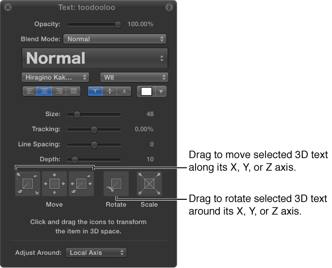 HUD showing 3D Text with 3D Adjust tool selected