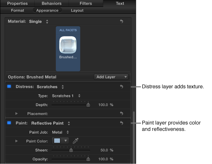3D Text Inspector showing material layers