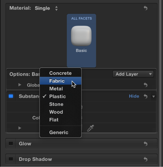 3D Text Inspector showing Substance pop-up menu