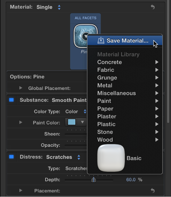 3D Text Inspector showing Save Material option in the Material Preset pop-up menu