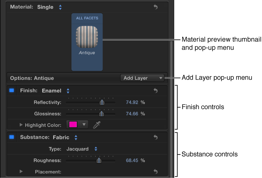 3D Text Inspector showing material with multiple layers