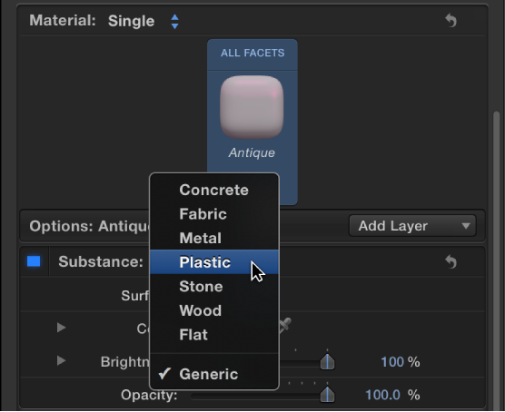 3D Text Inspector showing Substance pop-up menu