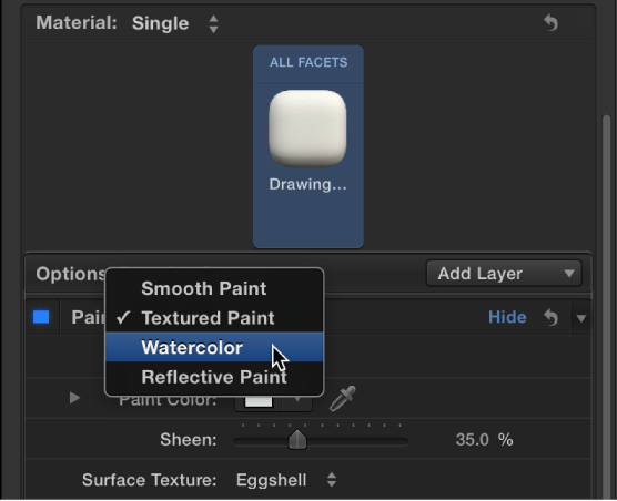 3D Text Inspector showing Paint pop-up menu