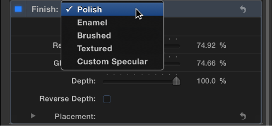 3D Text Inspector showing Finish pop-up menu