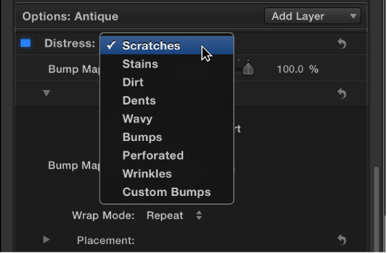 3D Text Inspector showing Distress pop-up menu