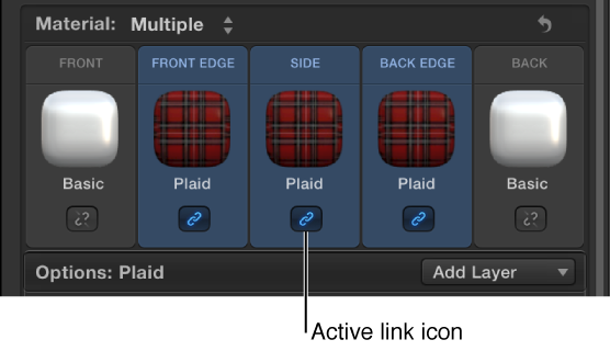 3D Text Inspector showing multiple materials selected and the active link icon