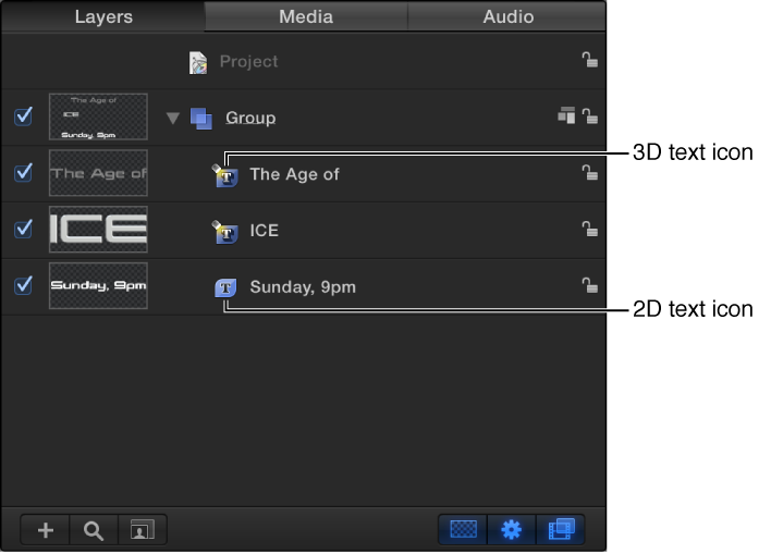 Layers list showing 3D text icon