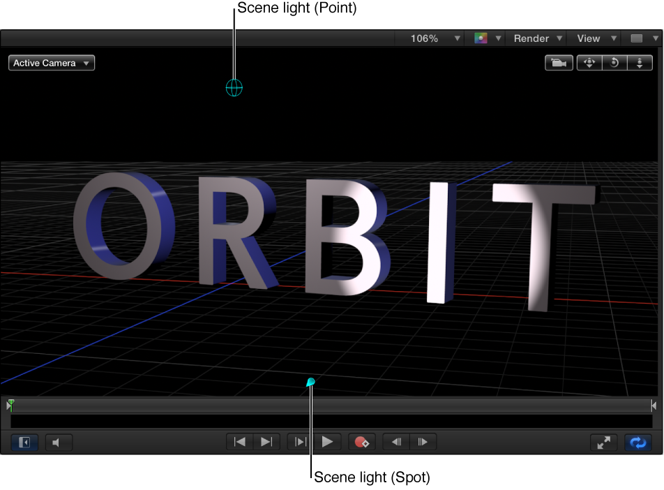 Canvas showing 3D text object with a scene light