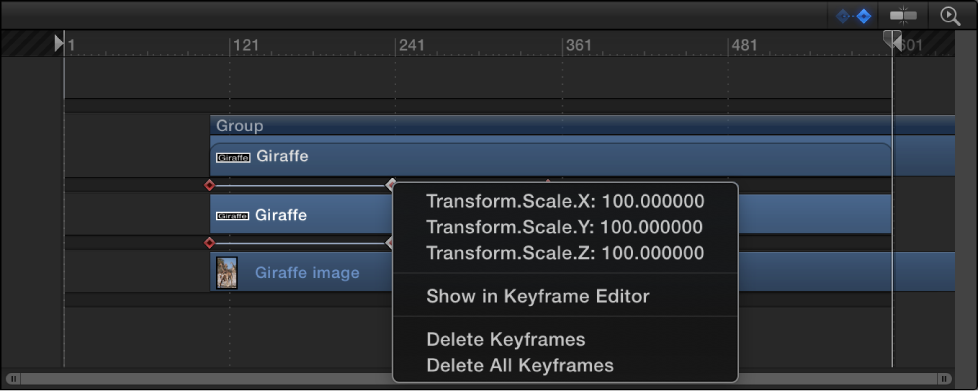 Keyframe shortcut menu displaying keyframed parameters at the current frame