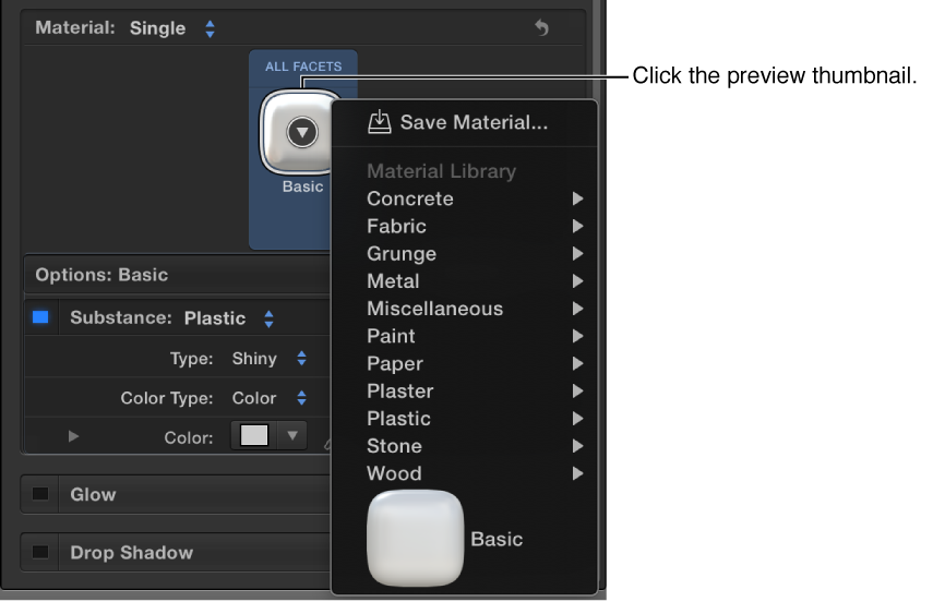 Options listed when you click the Material preview thumbnail in the Appearance pane of the Text Inspector