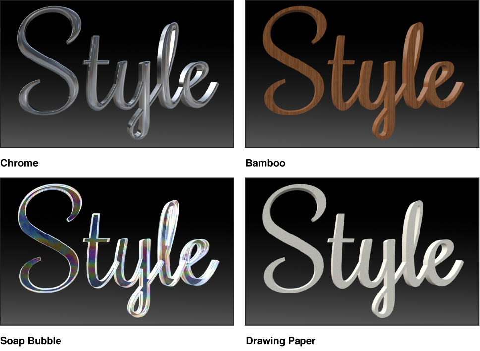 Canvas showing four different material styles (Chrome, Bamboo, Soap Bubble, and Drawing Paper)