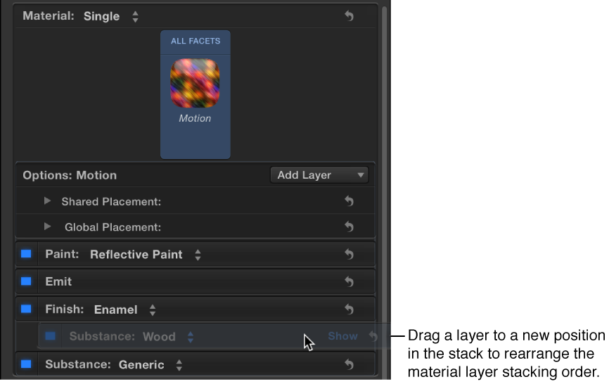 Dragging a material layer above another material layer in the Appearance pane of the Text Inspector