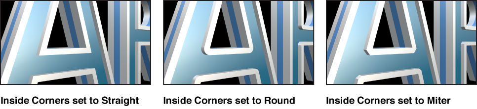 3D text in Canvas with Inside Corners set to Straight, Round, and Miter