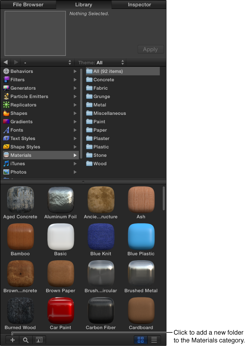 Add a Folder button at the bottom of the Materials Library