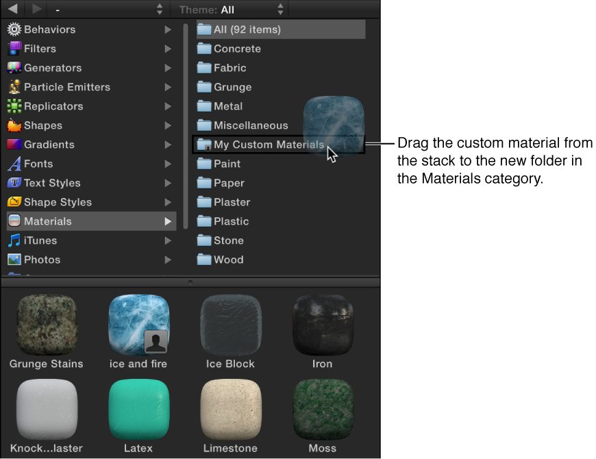 A custom material being dragged to a new folder in the Materials Library