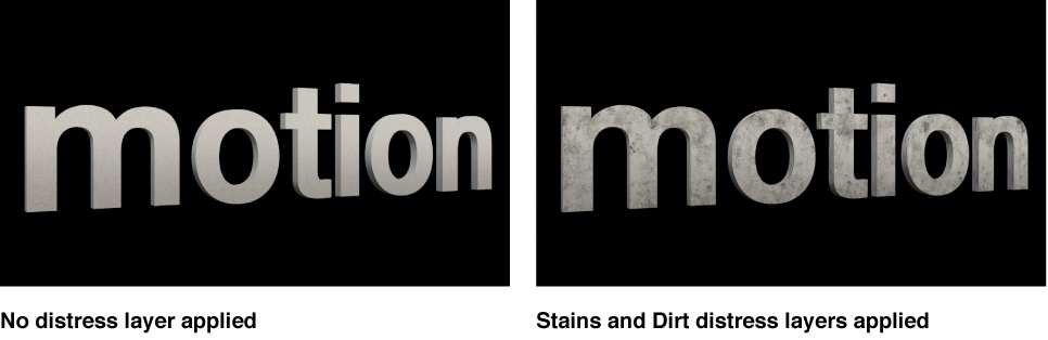 3D text in Canvas with no applied distress layers and with applied Stains and Dirt distress layers