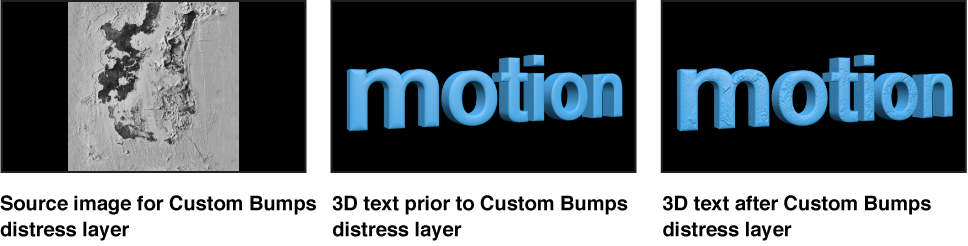 Canvas showing image used as Custom Bumps distress layer, 3D text prior to applying Custom Bumps distress layer, and 3D text after applying Custom Bumps layer