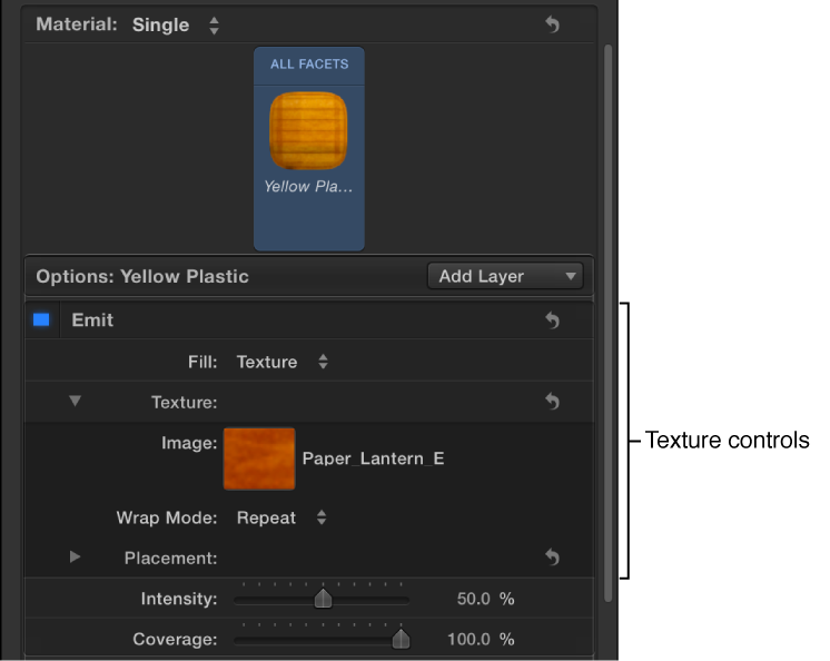 Texture controls in the Appearance pane of the Text Inspector