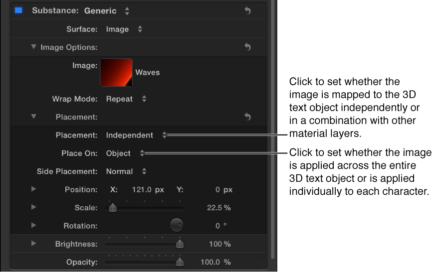 Placement and Place On controls in the Appearance pane of the Text Inspector