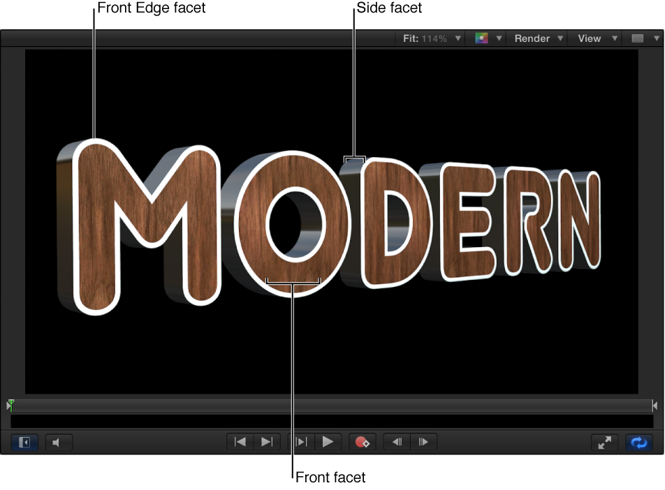 3D text in Canvas showing white Front Edge facet, metal Side facet, and wood Front facet