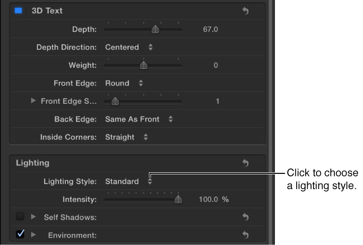 Lighting Style pop-up menu in the Appearance pane of the Text Inspector