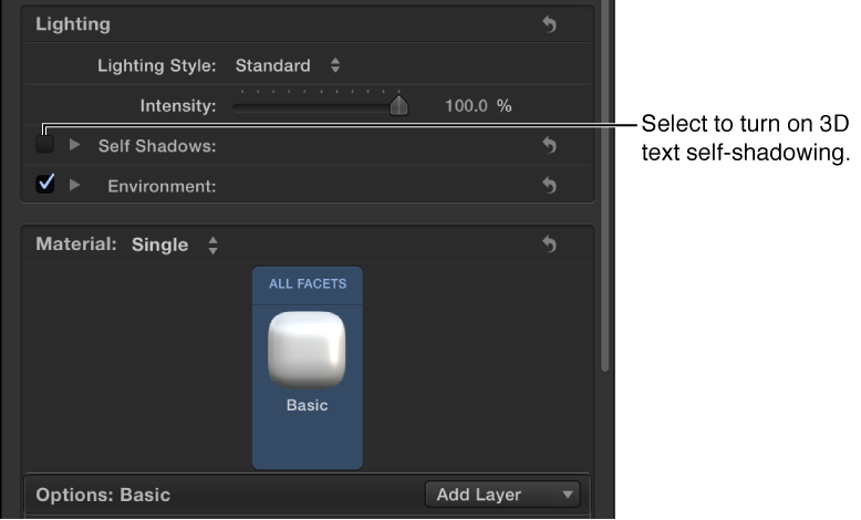 Self Shadows parameter in the Appearance pane of the Text Inspector