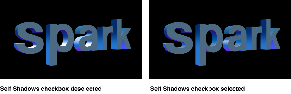 3D text in Canvas showing the Self Shadows checkbox deselected and selected