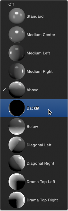 Options in the Lighting Style pop-up menu