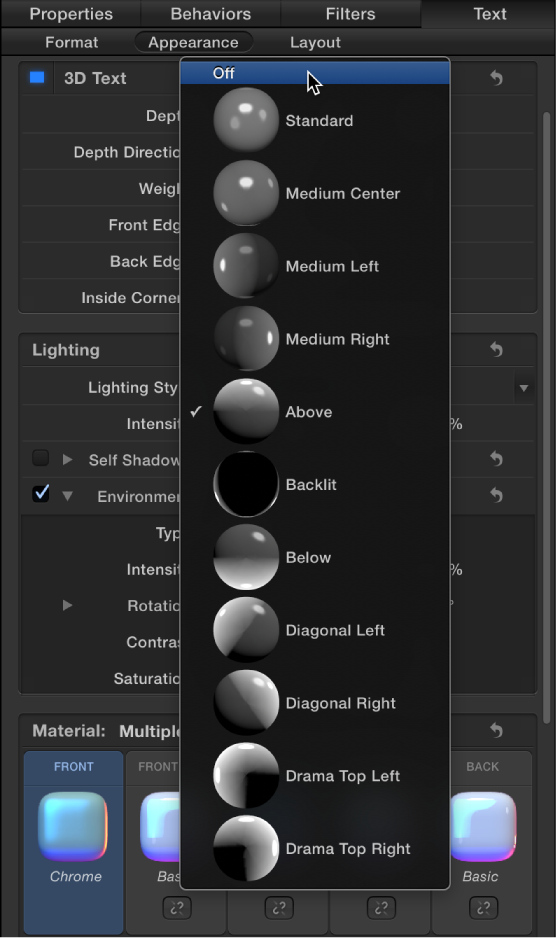 Choosing "Off" from the Lighting Style pop-up menu in the Appearance pane of the Text Inspector