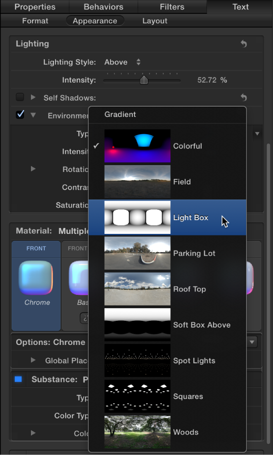 Options in the Environment Type pop-up menu in the Appearance pane of the Text Inspector