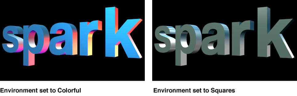 Canvas showing 3D text with Environment set to Colorful and Environment set to Squares