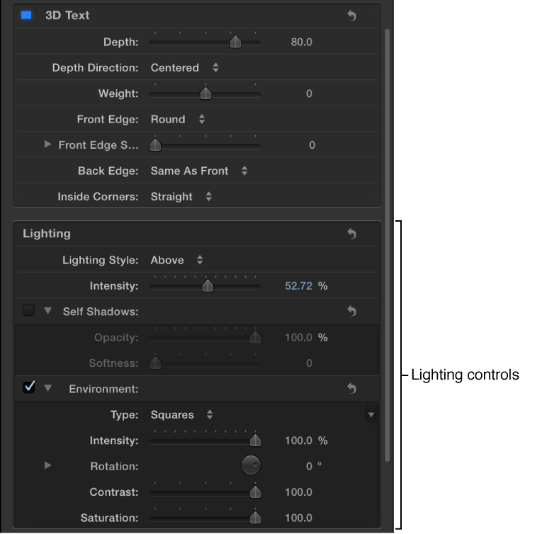 Lighting controls in the Appearance pane of the Text Inspector