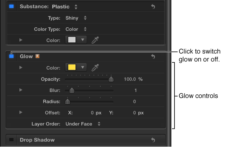 Glow Controls in the Appearance pane of the Text Inspector