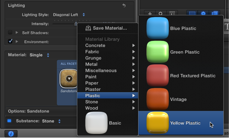 Choosing Yellow Plastic from the Material preview thumbnail