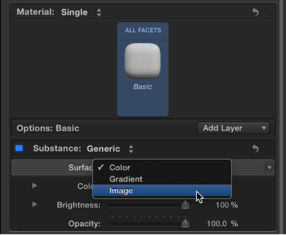 Choosing Image from the Surface pop-up menu in the Appearance pane of the Text Inspector