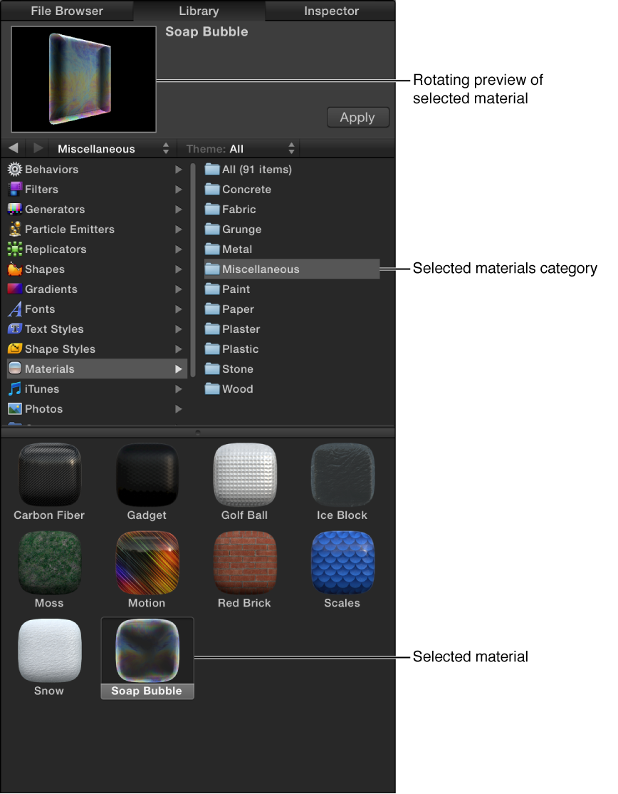 Library showing selected Soap Bubbble material
