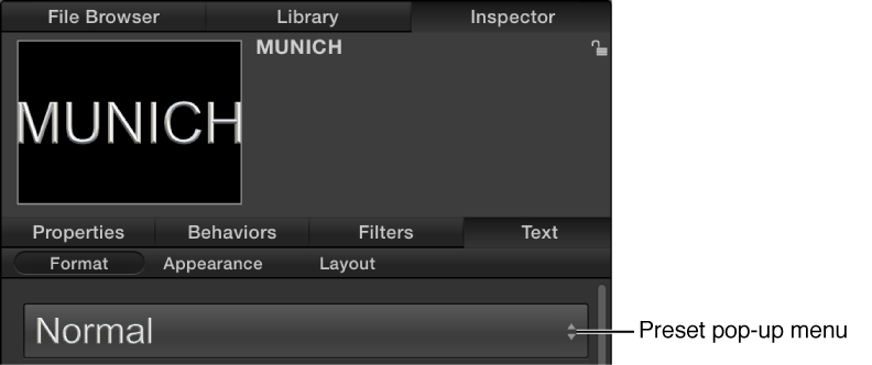 Text Style Preset pop-up menu in the Format pane of the Text Inspector