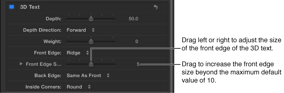 Front Edge parameters in the Appearance pane of the Text Inspector