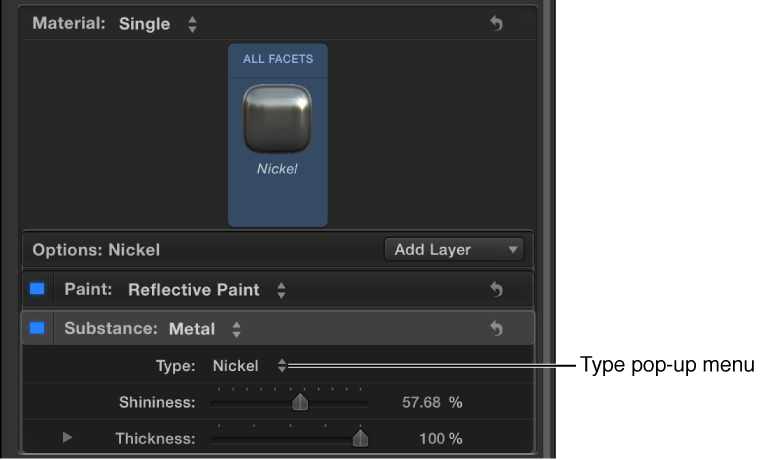 Type pop-up menu in the Metal Substance controls (in the Appearance pane of the Text Inspector)