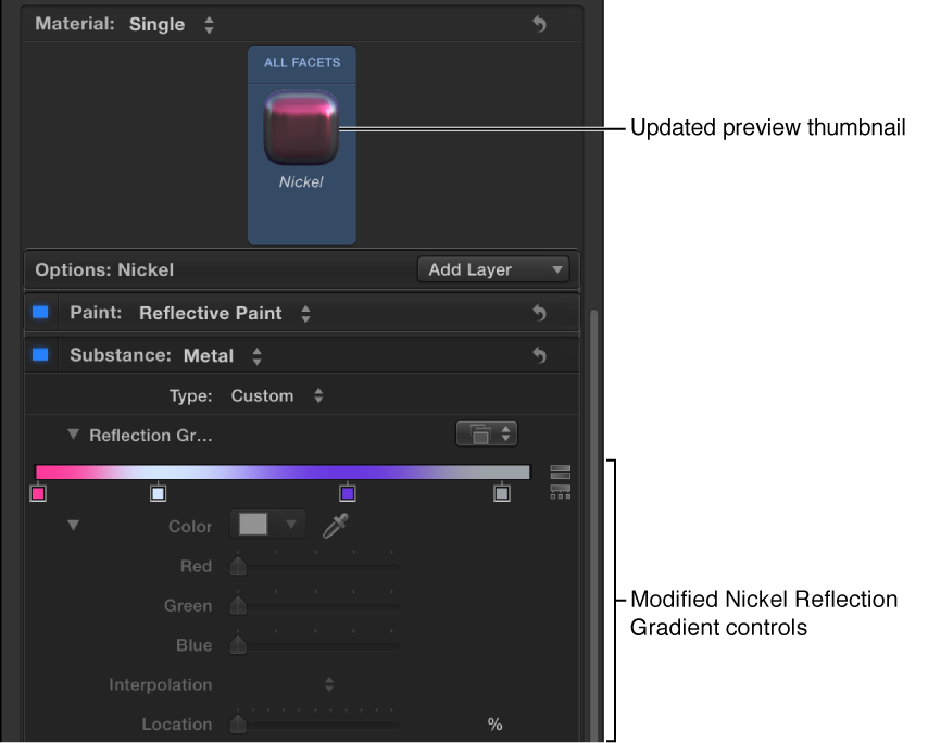 Modified Nickel Reflection Gradient controls and updated preview thumbnail in the Appearance pane of the Text Inspector