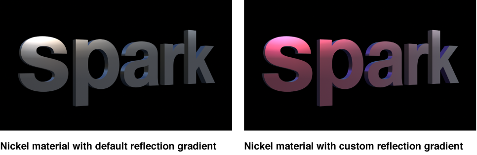 Canvas showing 3D text with default Nickel Reflection Gradient and modified Nickel Reflection Gradient