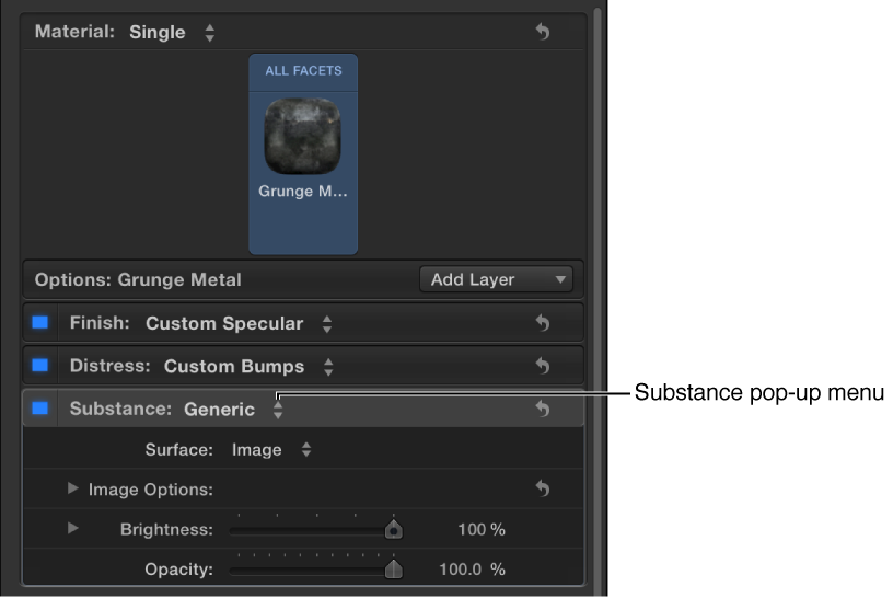 Selecting Metal from the Type pop-up menu in the Generic Substance controls (in the Appearance pane of the Text Inspector)