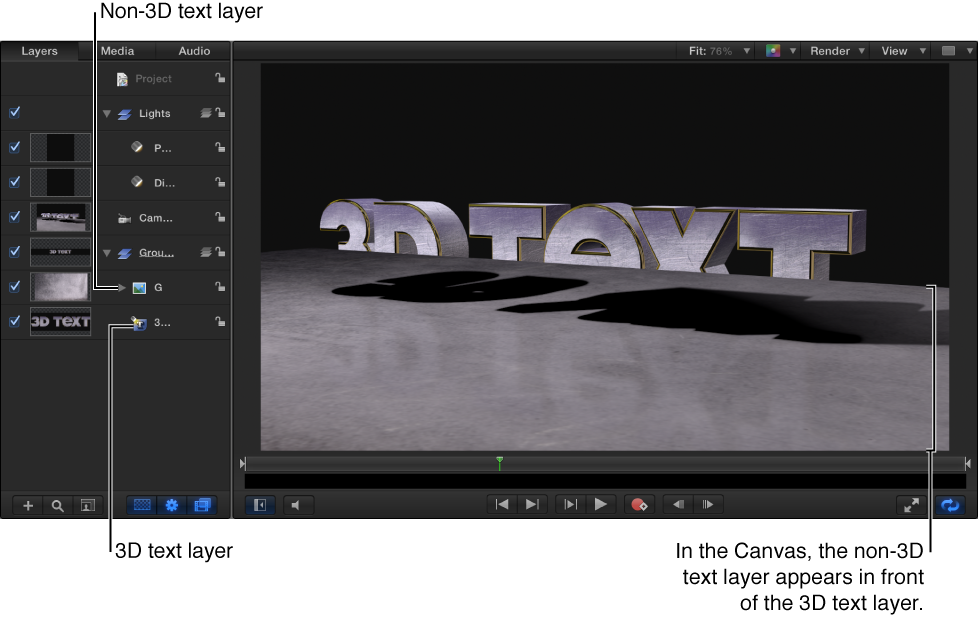 3D text layer below the non-3D text layer in the Layers list; non-3D text layer appears in front of the 3D text layer in the Canvas.