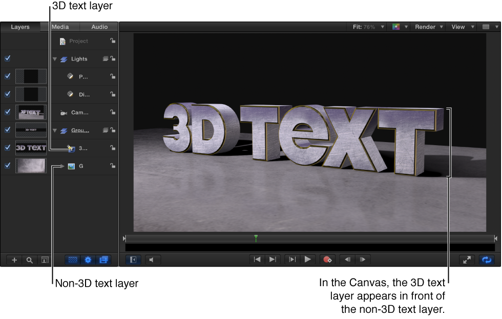 3D text layer above the non-3D text layer in the Layers list; non-3D text layer appears in behind the 3D text layer in the Canvas.