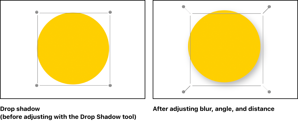 Canvas showing an object before its drop shadow is adjusted and the object as its drop shadow is being manipulated