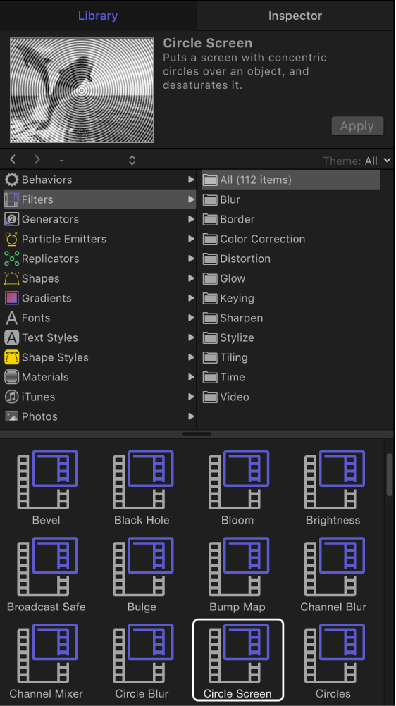 Library showing Filters categories