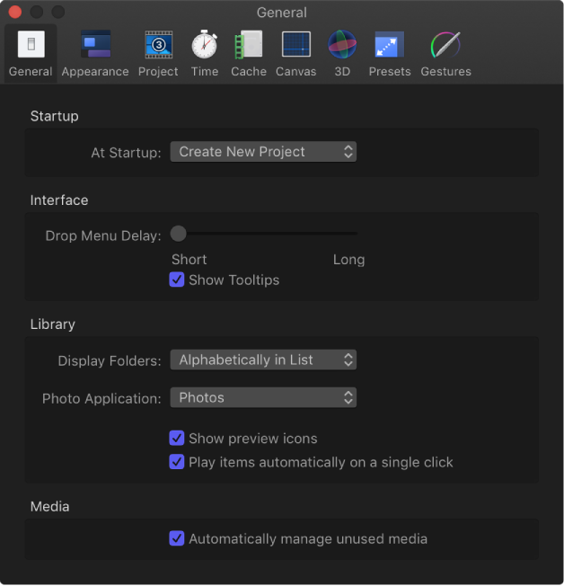 Motion Preferences window showing General pane