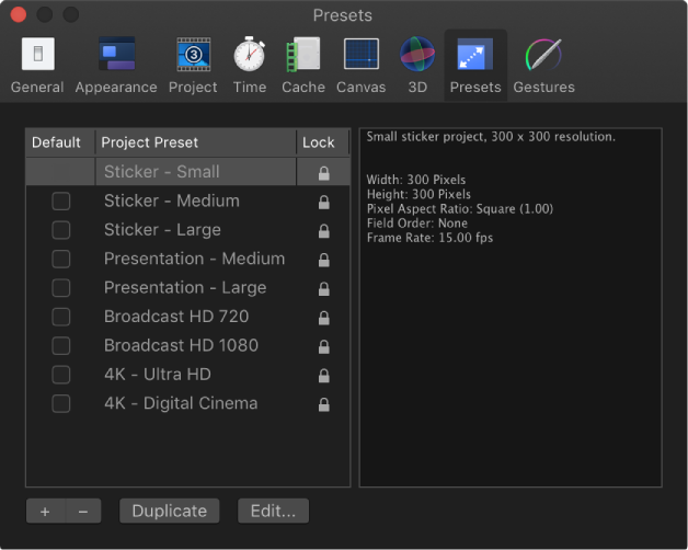 Motion Preferences window showing Presets pane
