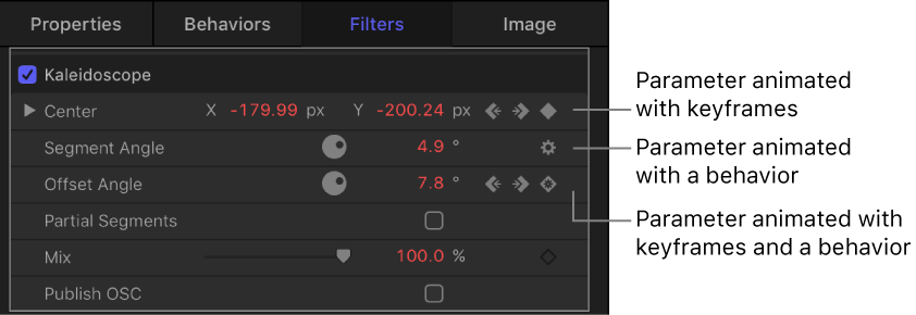 Inspector showing a behavior icon in a parameter row, a keyframe icon in a parameter row, and a behavior icon within a keyframe icon in a parameter row