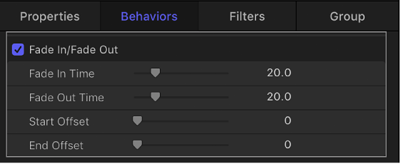 Behaviors Inspector showing Fade In/Fade Out behavior controls